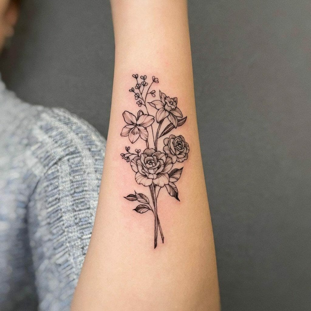 Fineline Floral Bouquet Tattoo With December Birth Flower Narcissus