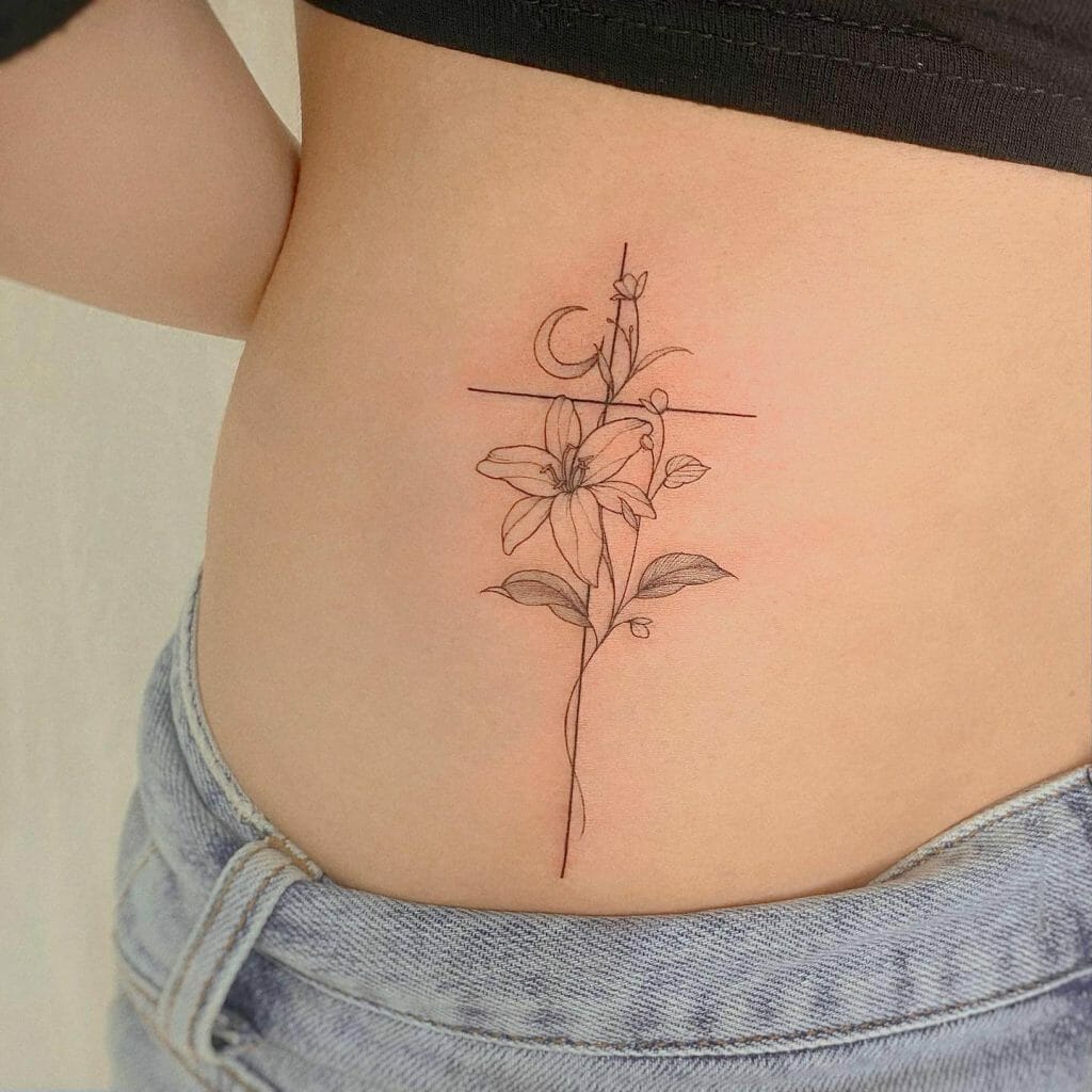 Dainty Feminine Cross With Flowers Tattoo