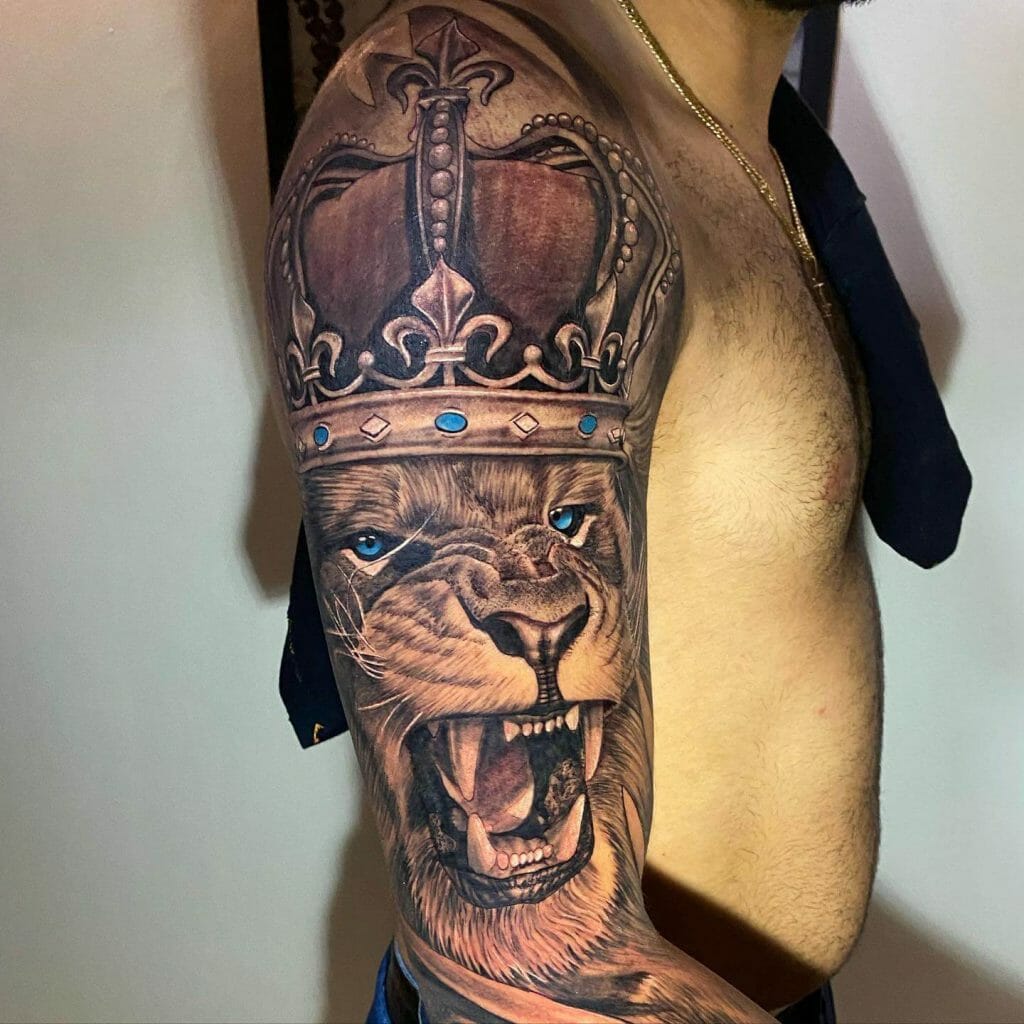 Larger Design Blue-Eyed Crowned Lion Tattoo Ideas