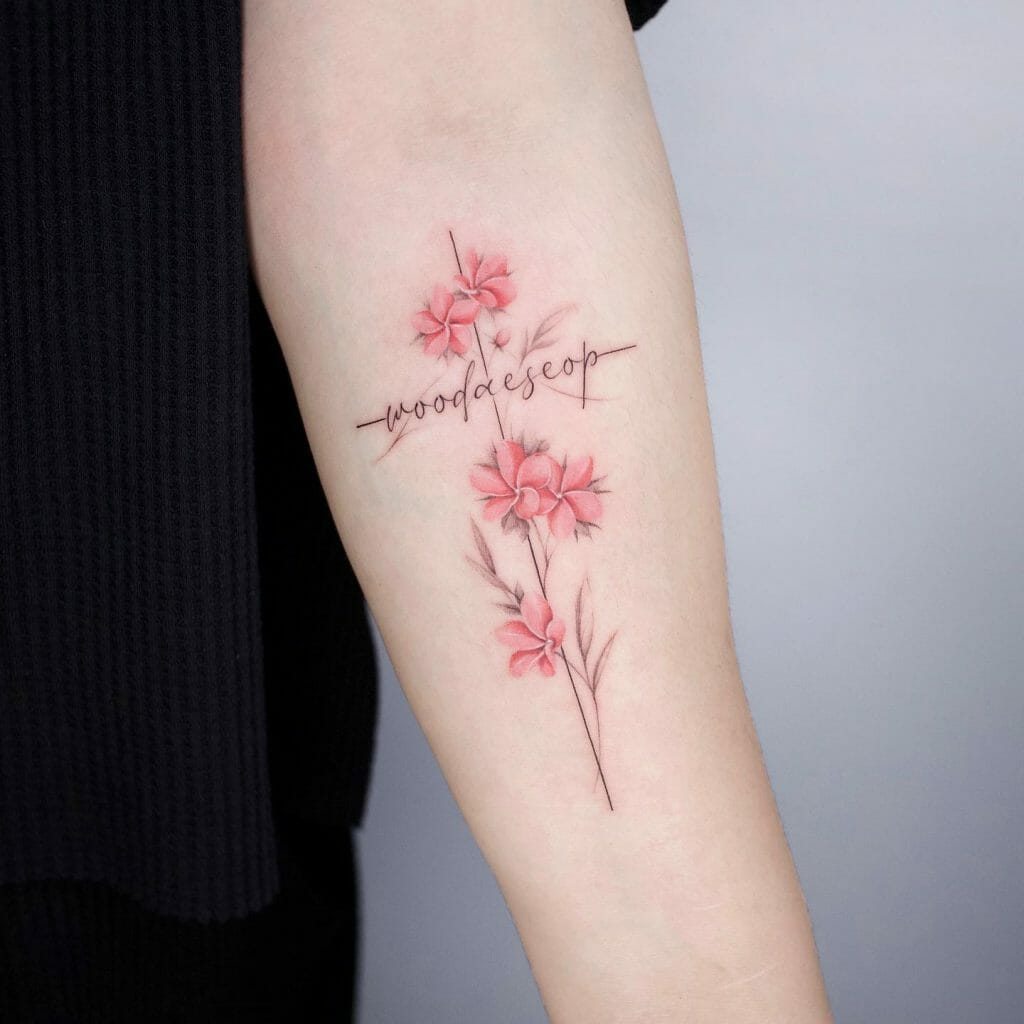 Feminine Cross With Flowers Tattoo