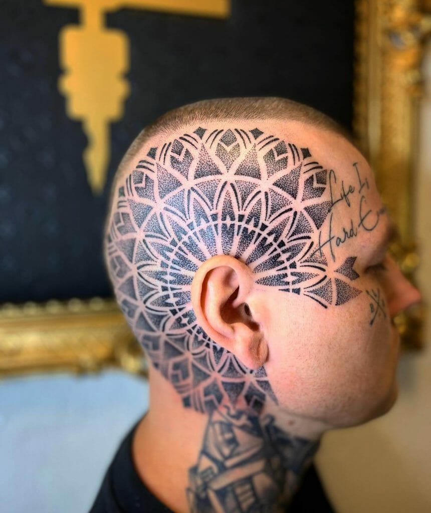 Abstract Art Scalp Tattoo On Bald Head