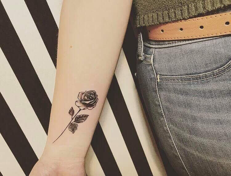  Small Black New Rose Tattoo With Stem And Leaves