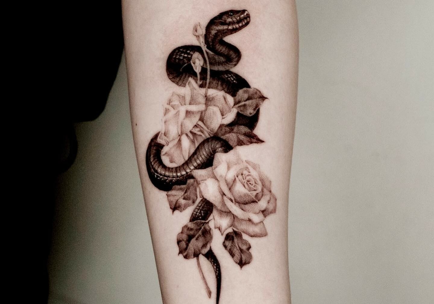 Sternum Snake and Rose Tattoo by Stephanie : TattooNOW