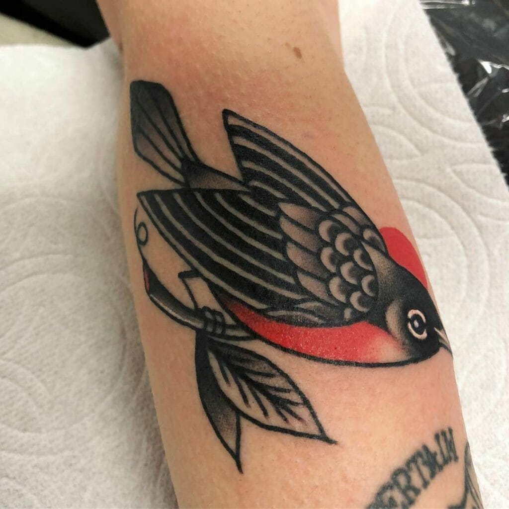 Forearm Cute Red & Dark Traditional Sparrow Bird Tattoo Ideas