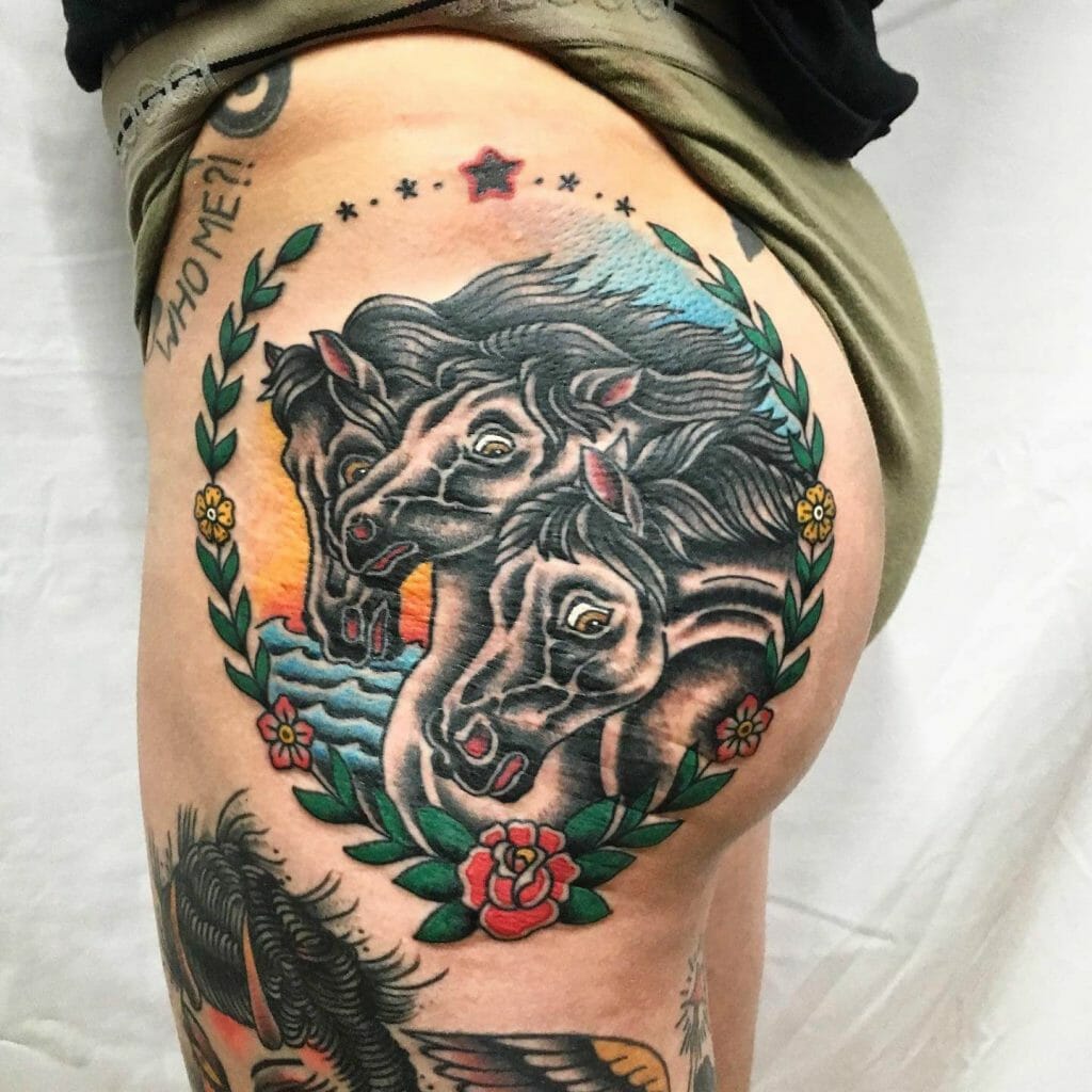 Traditional Old School Horse Tattoo On Hips