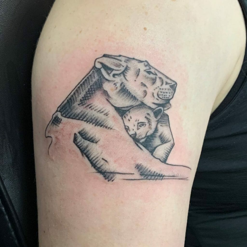 Mother With Cub Sketched Gorgeous Lioness Tattoos