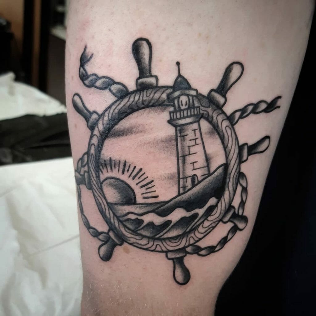 Black And White Anchor Traditional Lighthouse Tattoo