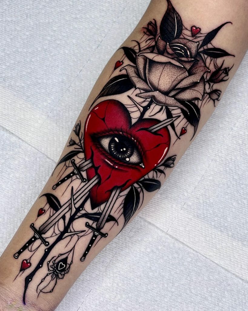 A Rose Flower Tattoo Paired With a Heart and Daggers
