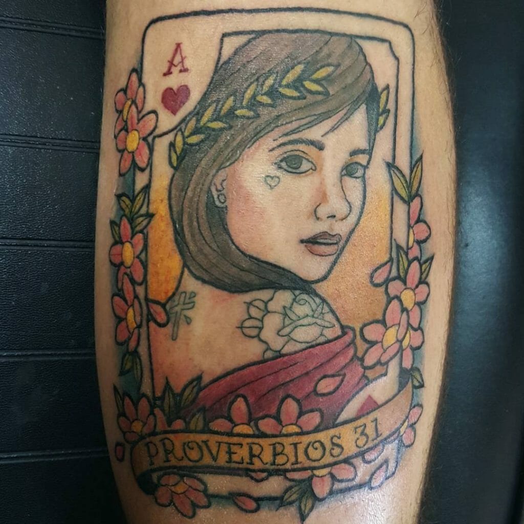 A Tattoo Of Ace Of Hearts Quoting The Bible