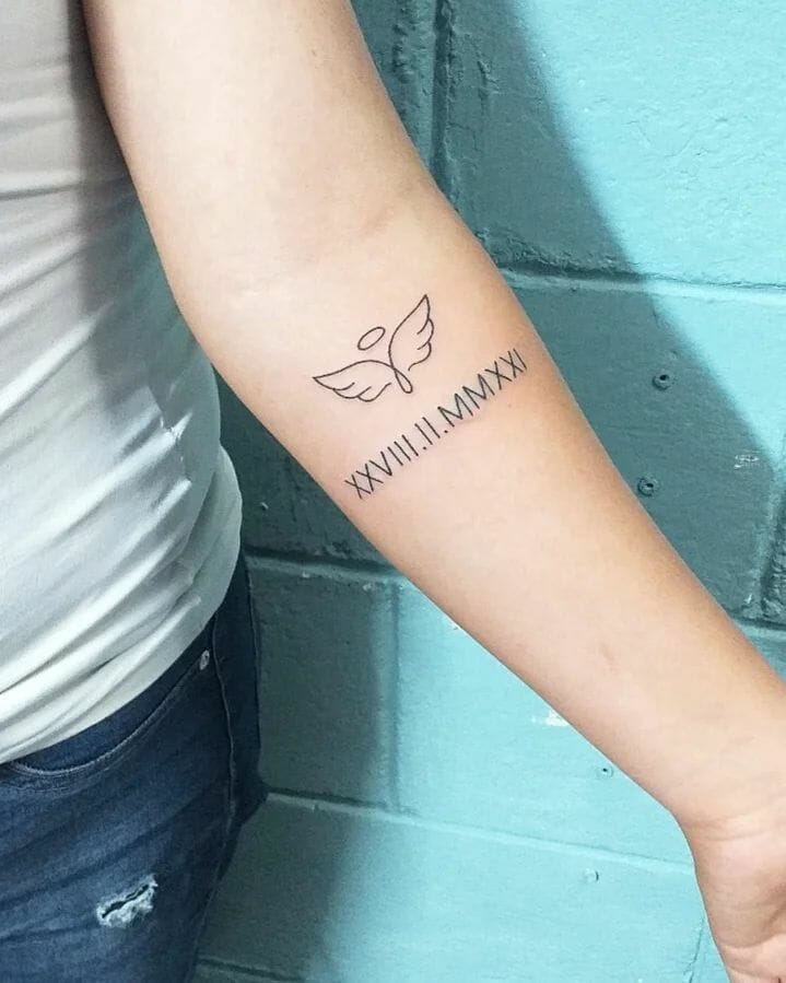 Angel Wings Roman Numeral Date Tattoo
