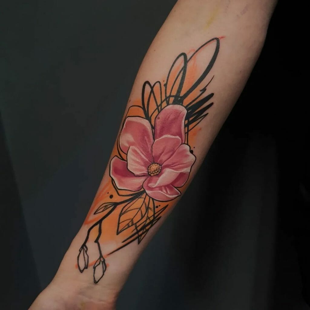 Realistic Red And Black Arm Flower Tattoo