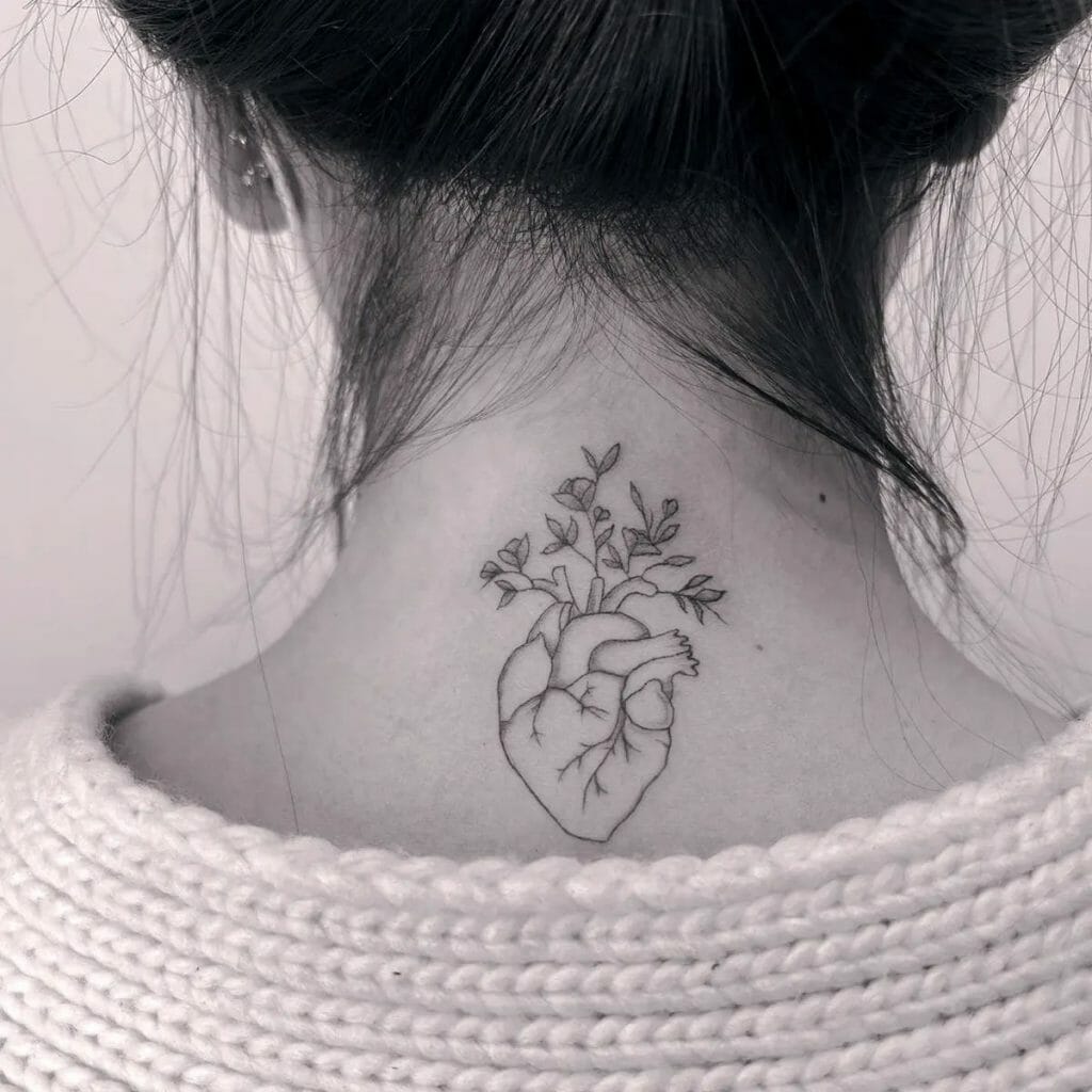Heart And Flower Neck Tattoo