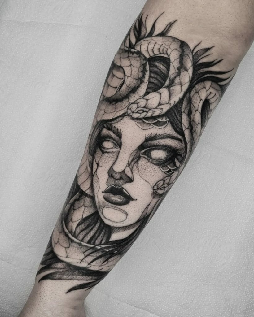 Black Work Medusa Stencil Tattoo