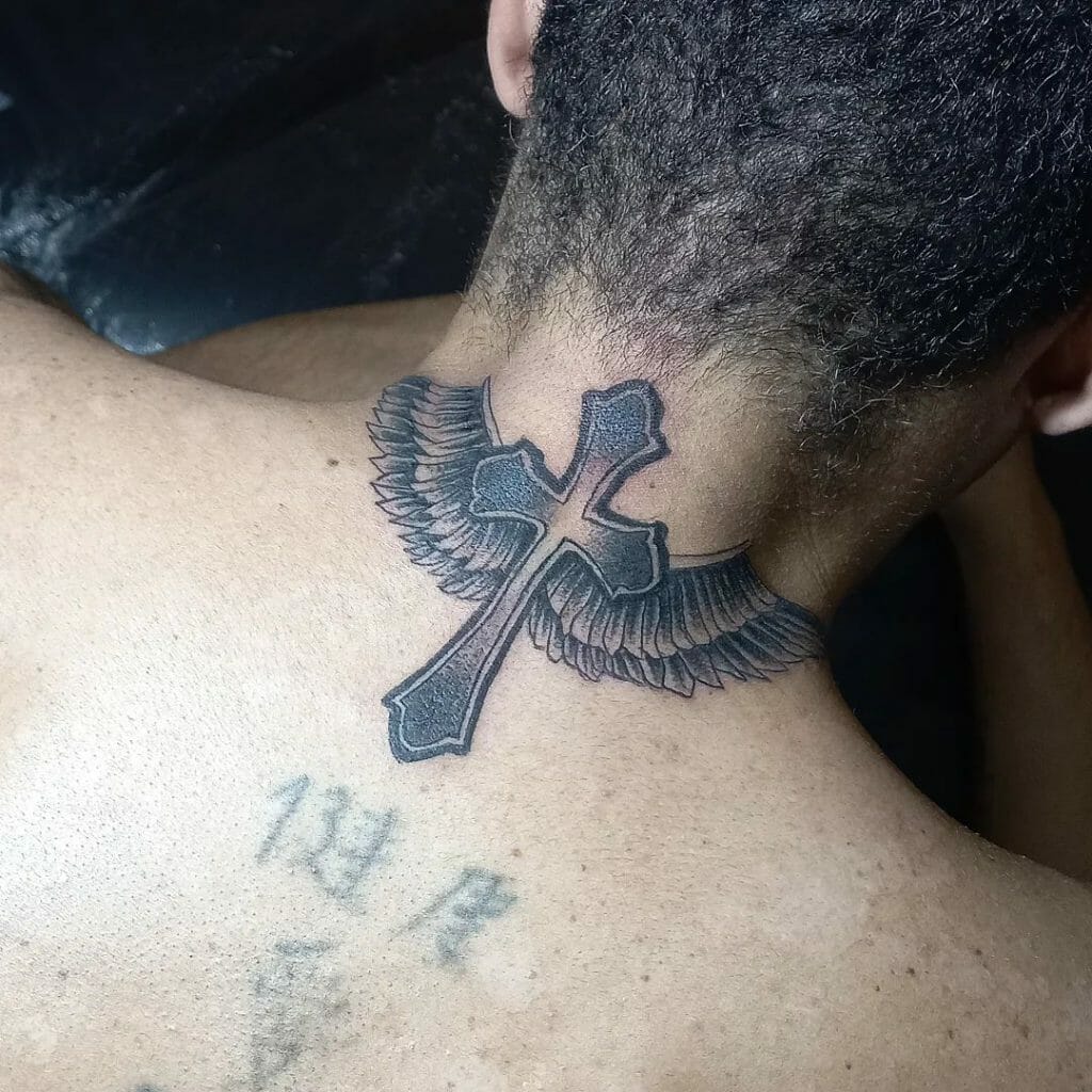 The Big Only Black Cross Tattoo Design With Wings On Neck