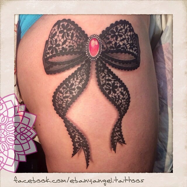 Bejeweled Bow Thigh Tattoo