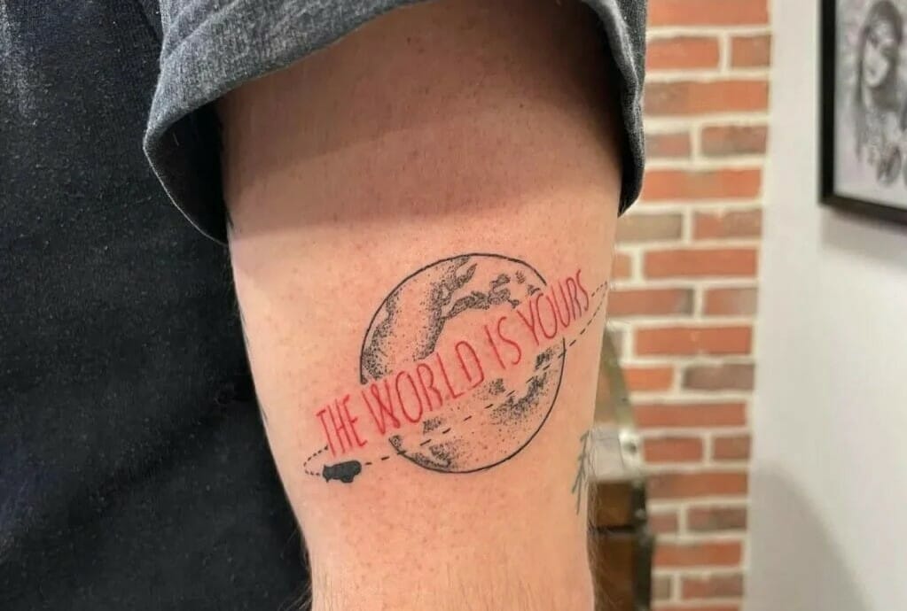 The start of my sleeve The World is Yours from Scarface dont by David at  Black Hive Ink Fayetteville NC  rtattoos