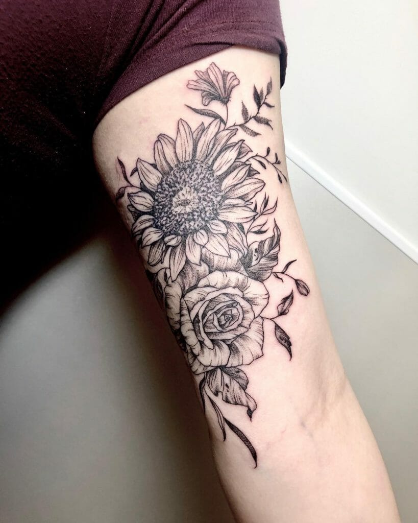 Best Sunflower And Roses Tattoo