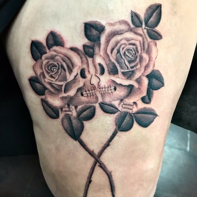 Black And White Skull And Rose Tattoos