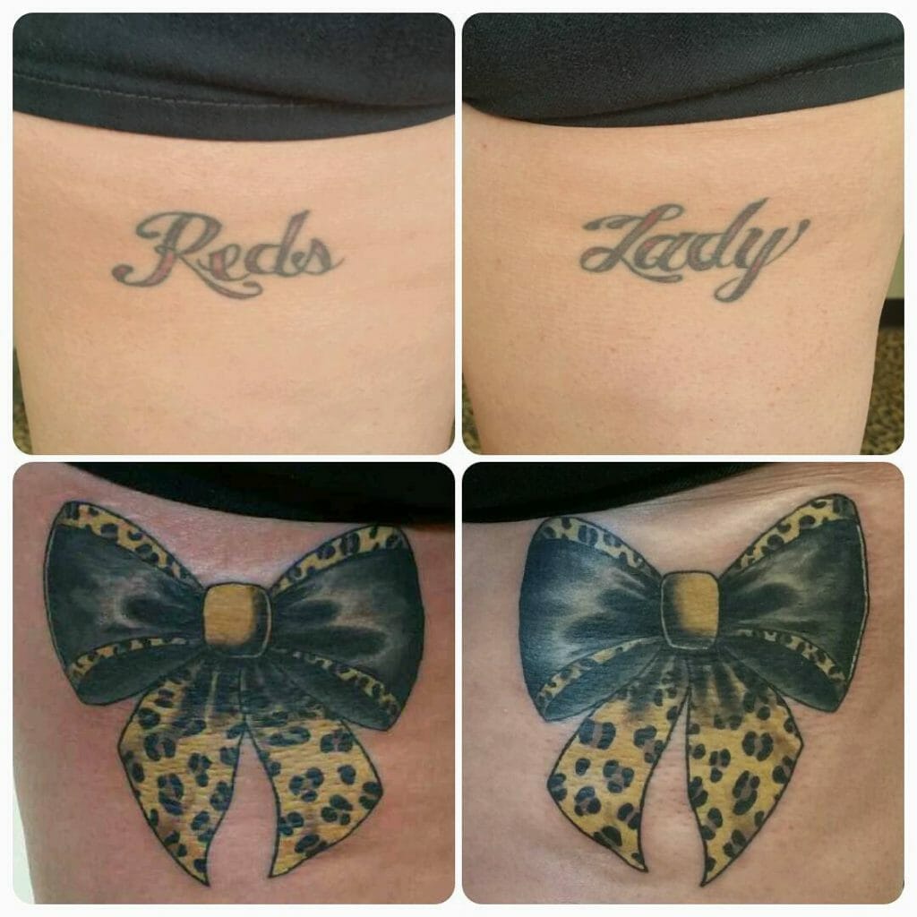 Black And Yellow Cover-Up Bow Thigh Tattoo