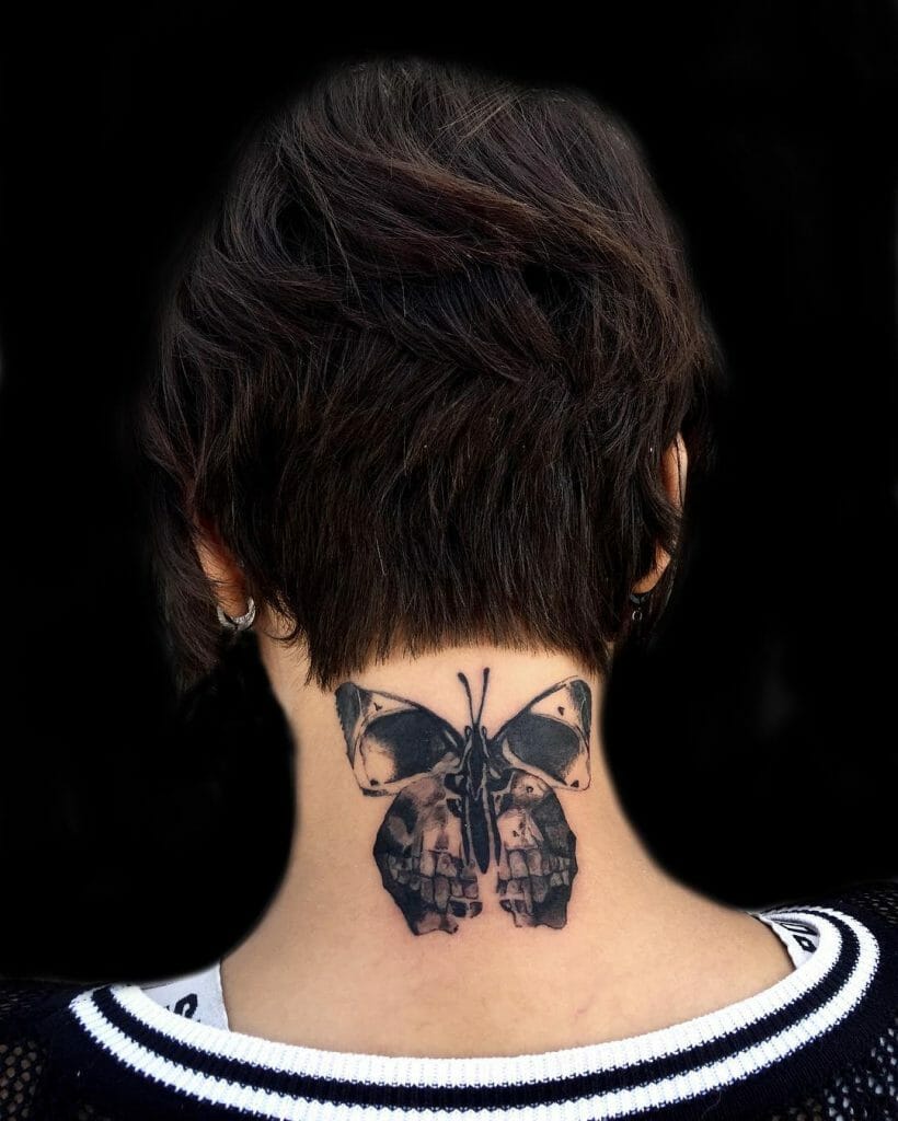 Butterfly Skull Back Neck Tattoo