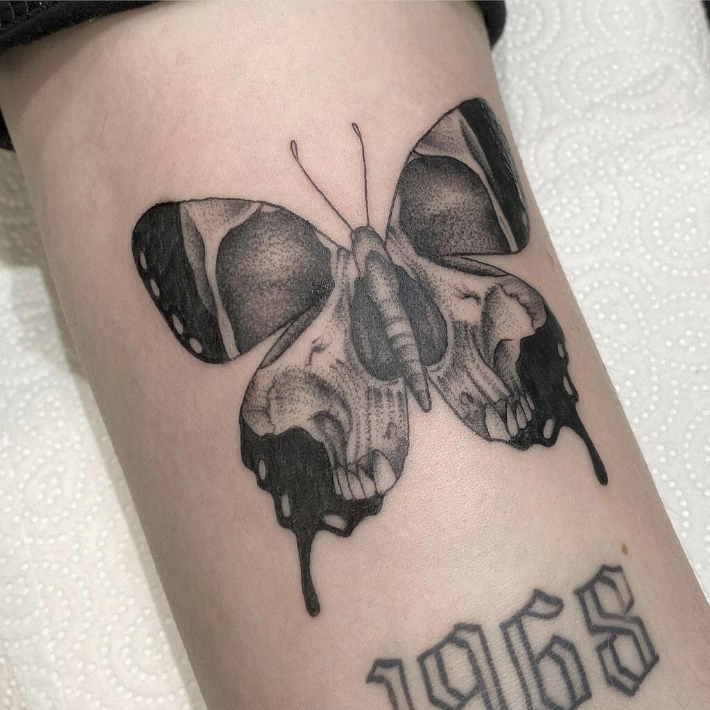 Butterfly With Skull And Numerals Tattoo