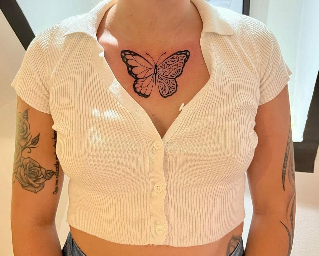 Butterfly X Polynesian Tribal Tattoo On Chest