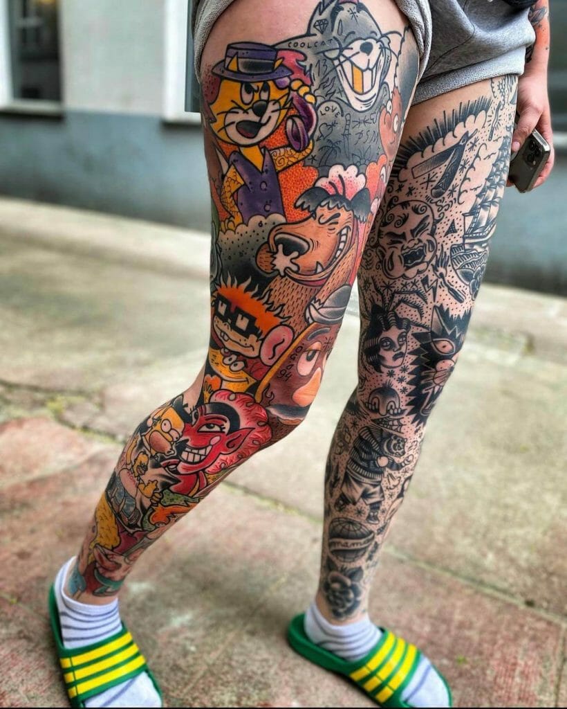 Cartoon Inspired Leg Sleeve Tattoo Ideas