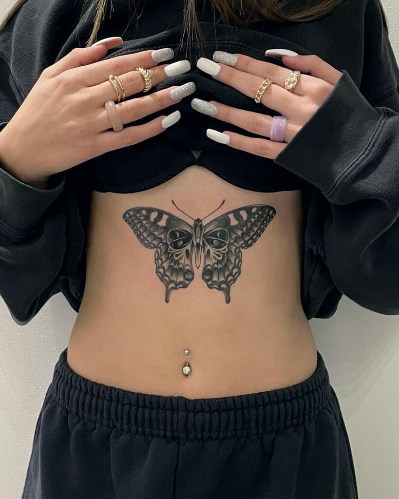 Center Butterfly Rib Cage Tattoo Design