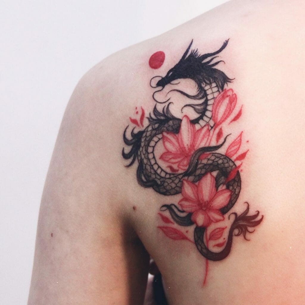 Chinese Dragon Tattoo With Flowers