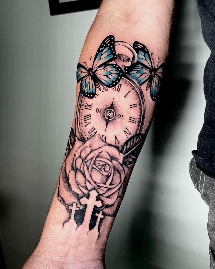 Clock Rose And Butterfly Tattoo Designs
