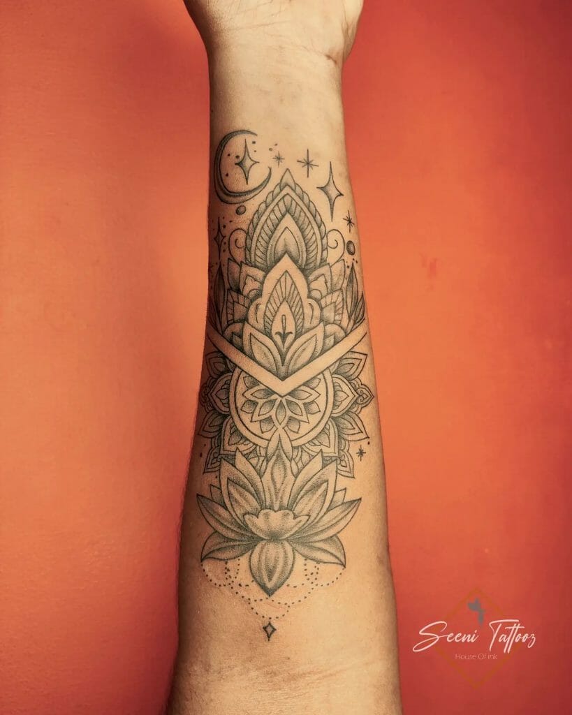 Crescent Moon And Lotus Mandala Tattoo Design