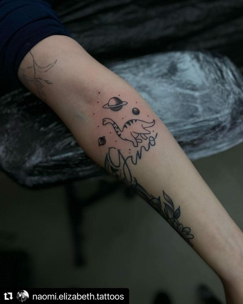 Cute Dinosaur Tattoo With Planets