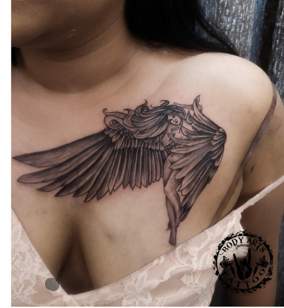Fallen Angel Tattoo with Wings on Chest
