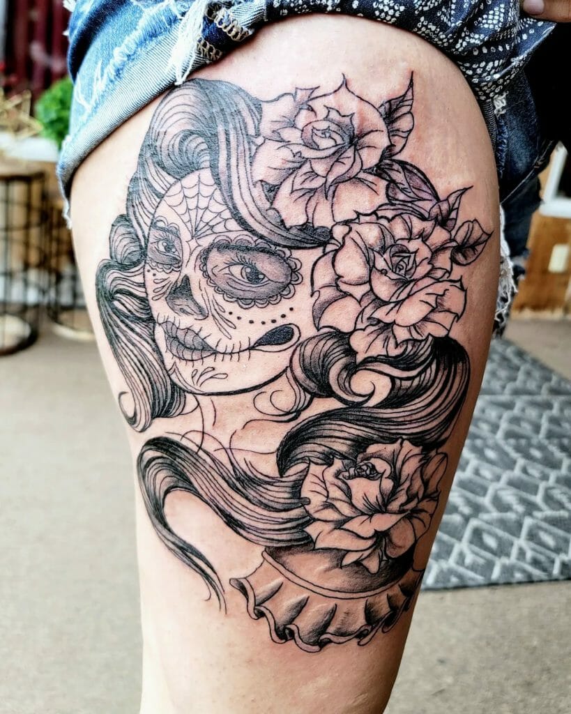Female Sugar Skull And Roses Tattoo