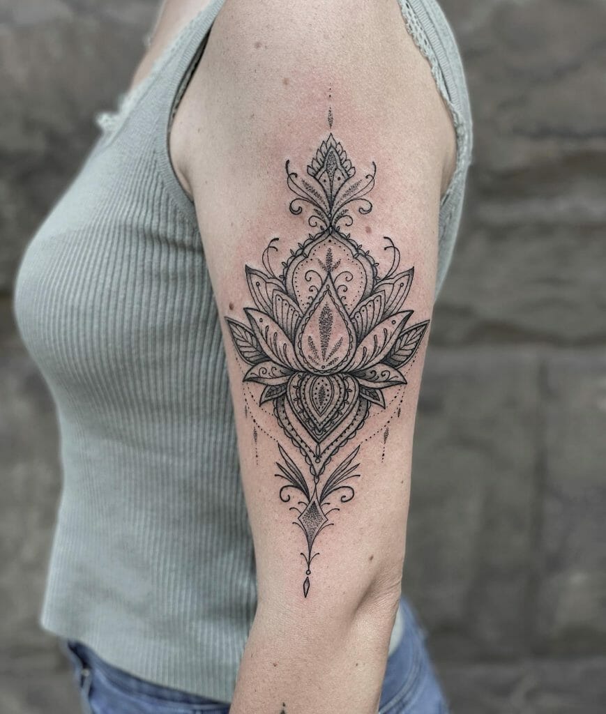 Feminine Ornamental Mandala Lotus Tattoo With Dotwork Style