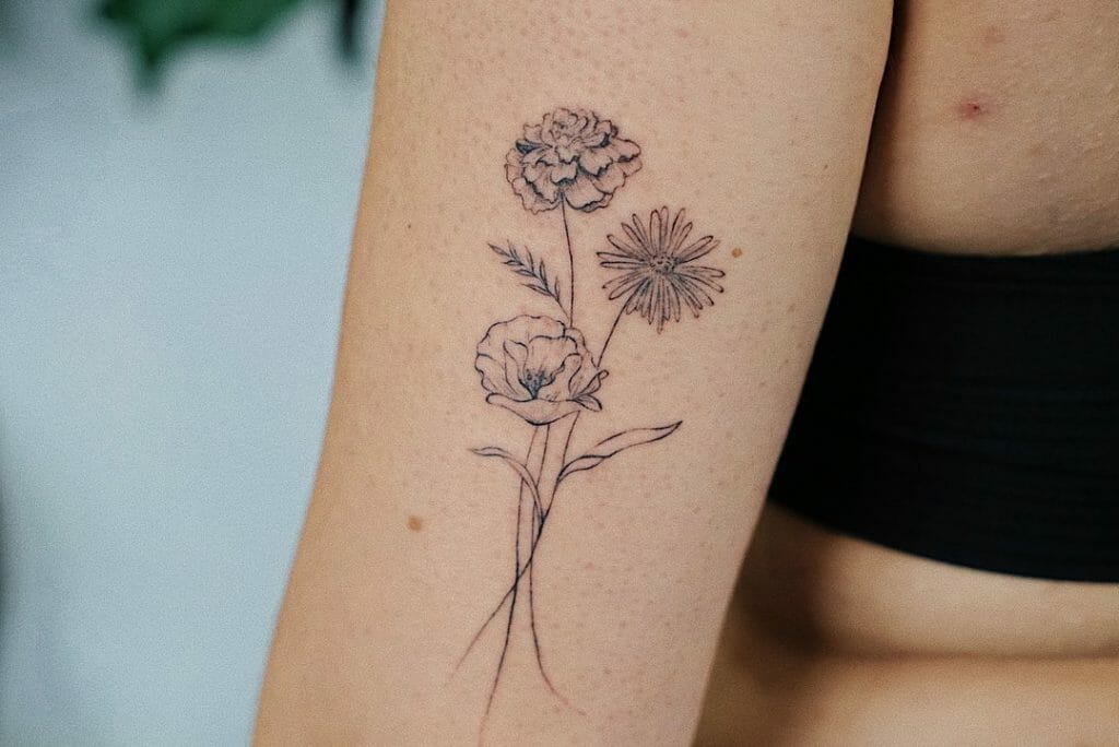 Flower Bouquet Tattoos With Marigold And Cosmos