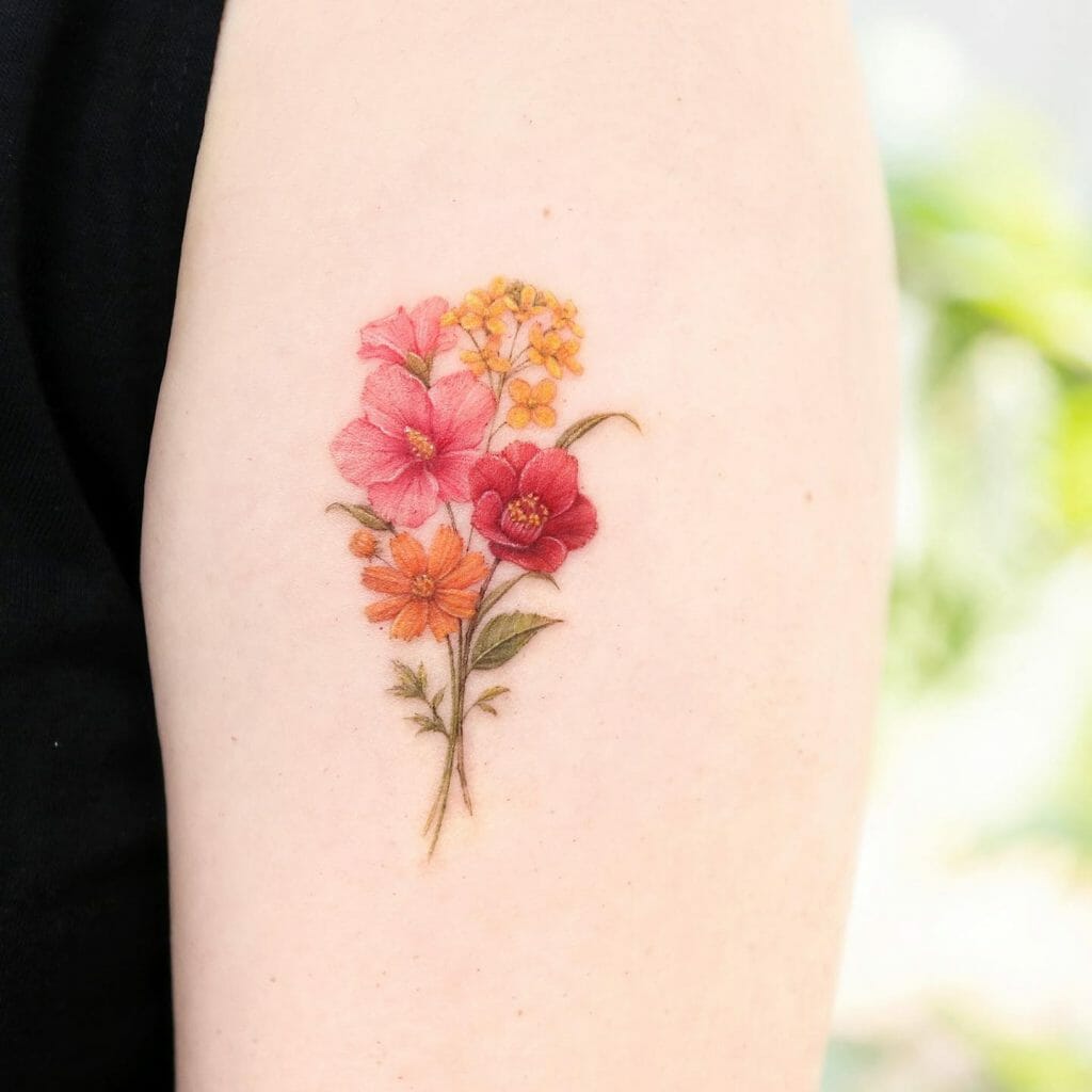 Flower Bouquet Tattoos With Marigold And Cosmos ideas