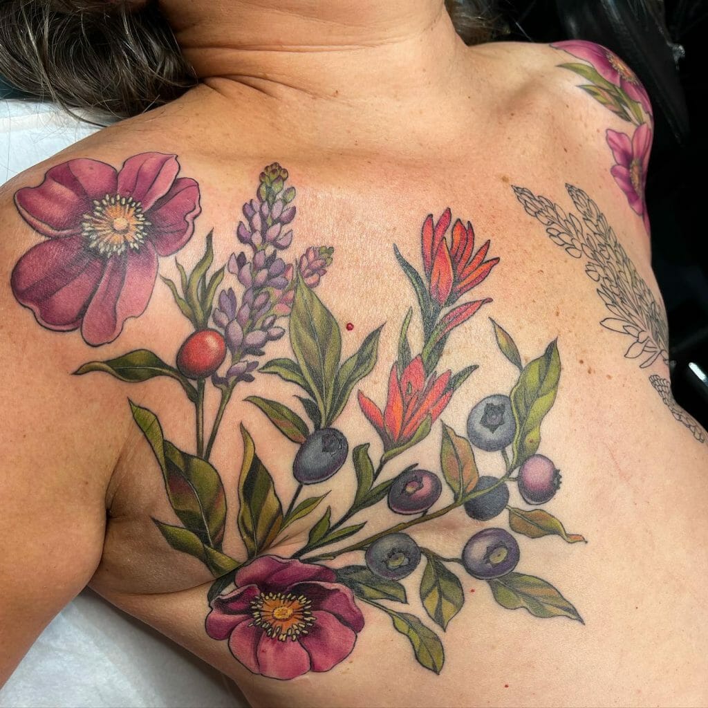 Flowers And Berries Mastectomy Tattoo