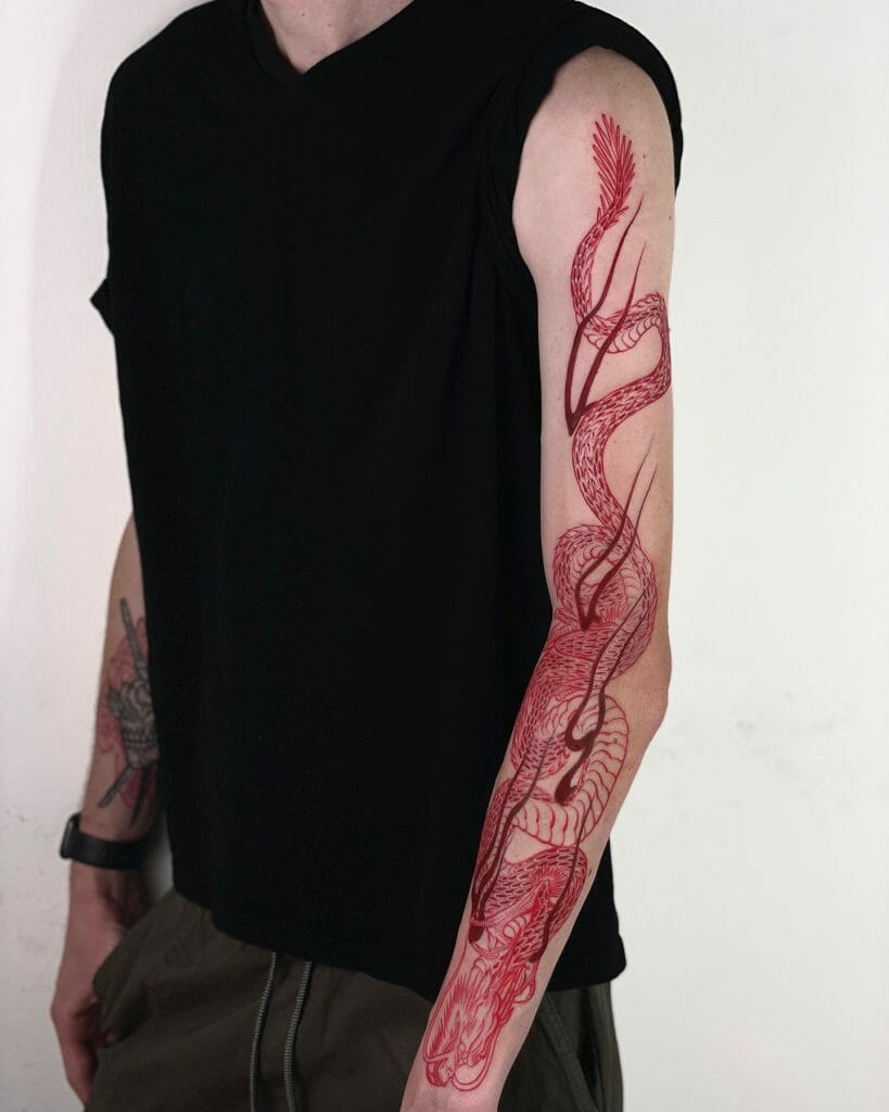 Full Sleeve Red Dragon Tattoo Design