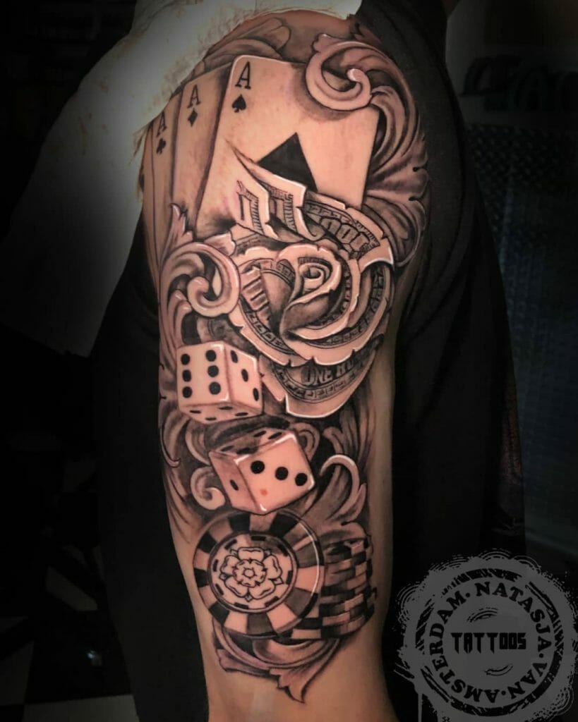Gamble Tattoo Ideas With Dice, Playing Cards, And Dollar Bill Roses
