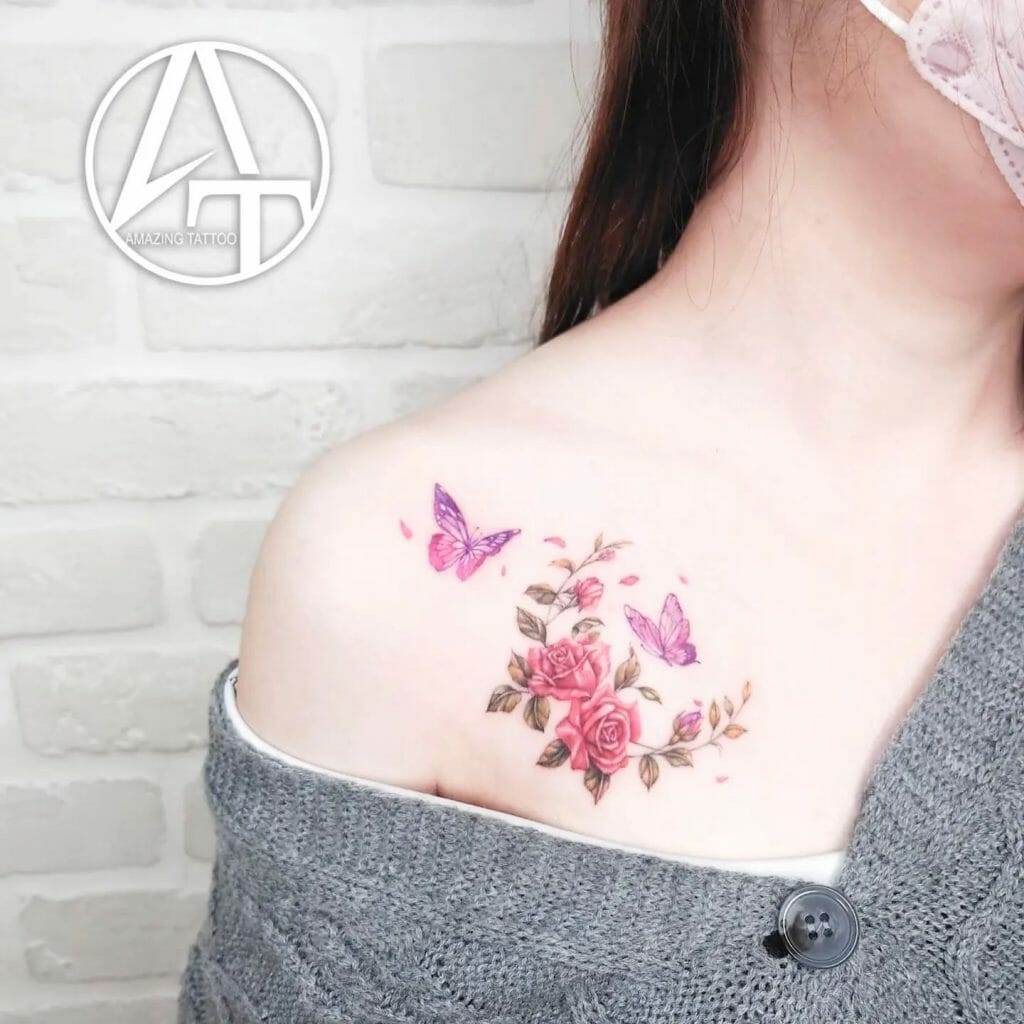 Gorgeous Realistic Rose And Butterfly Tattoo