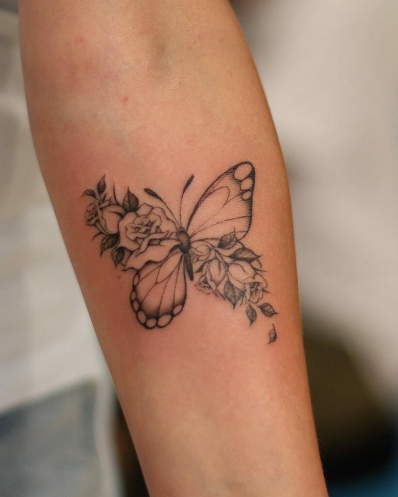 Half Butterfly And Half Rose Tattoo