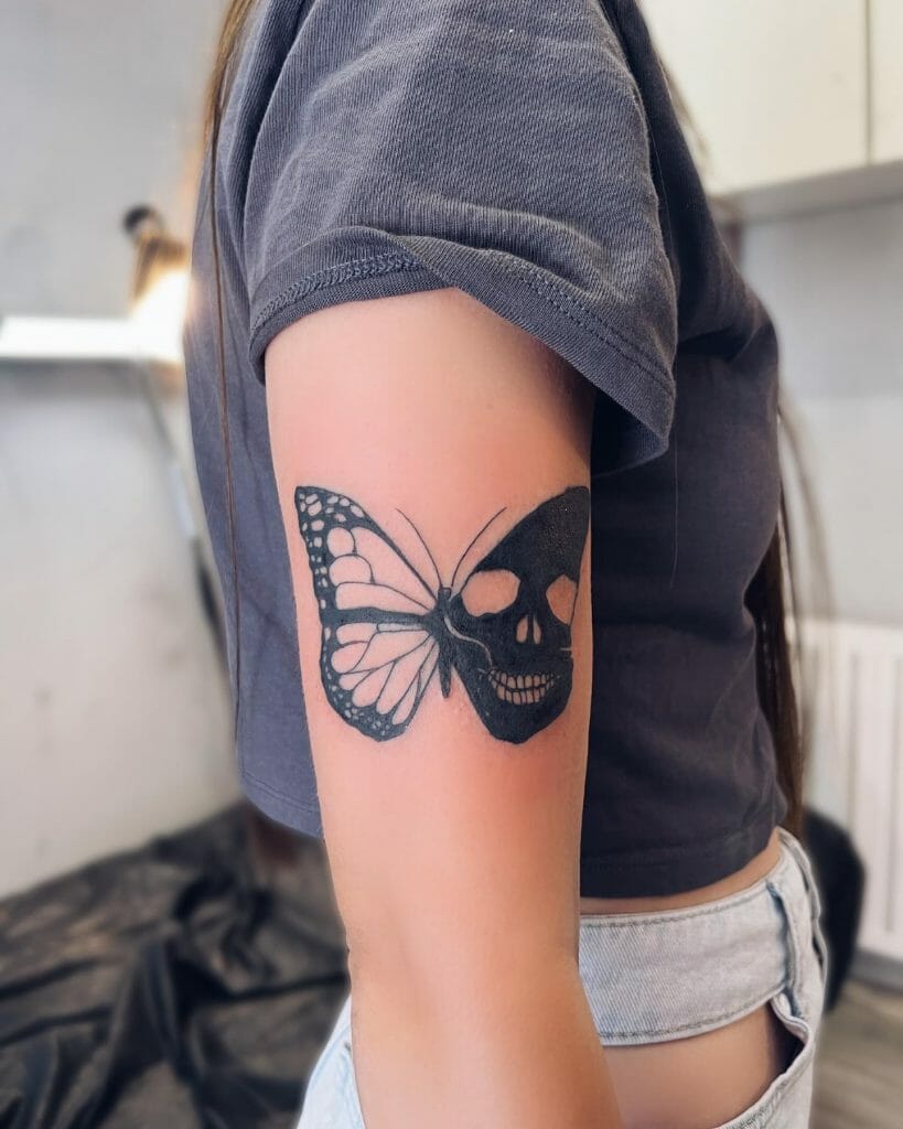Half Butterfly And Skull Tattoo