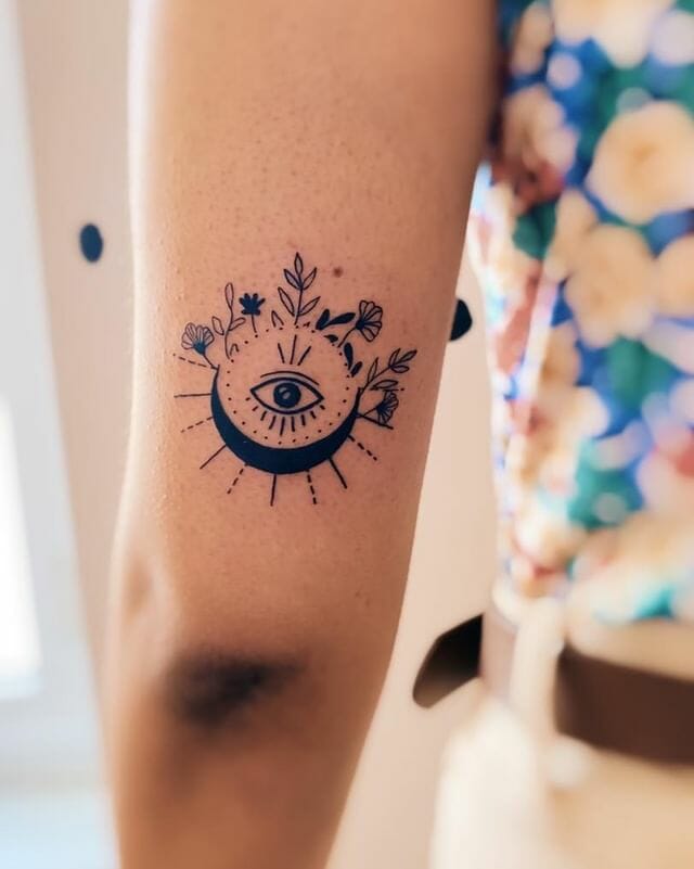Half Sun Tattoo With Eyes And Flowers Outsons