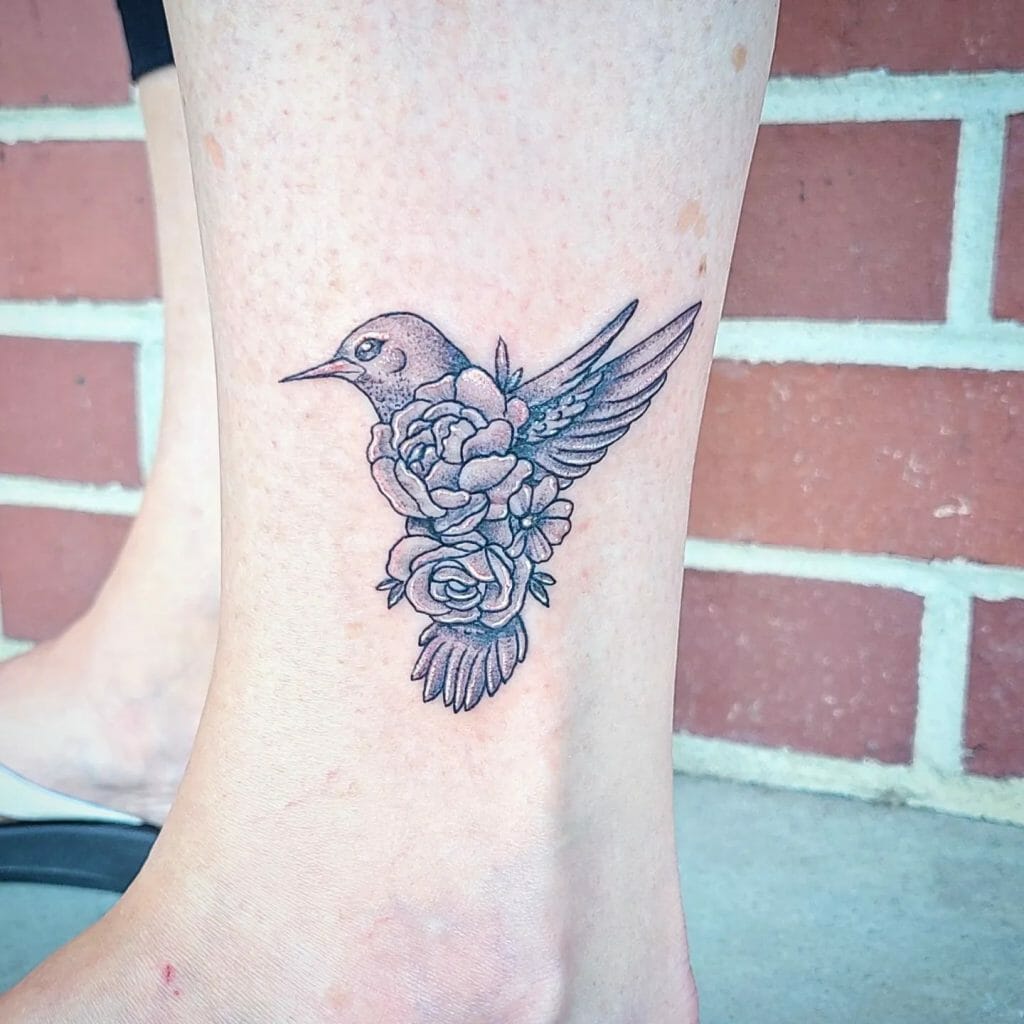 Hummingbird And Flower Ankle Tattoos