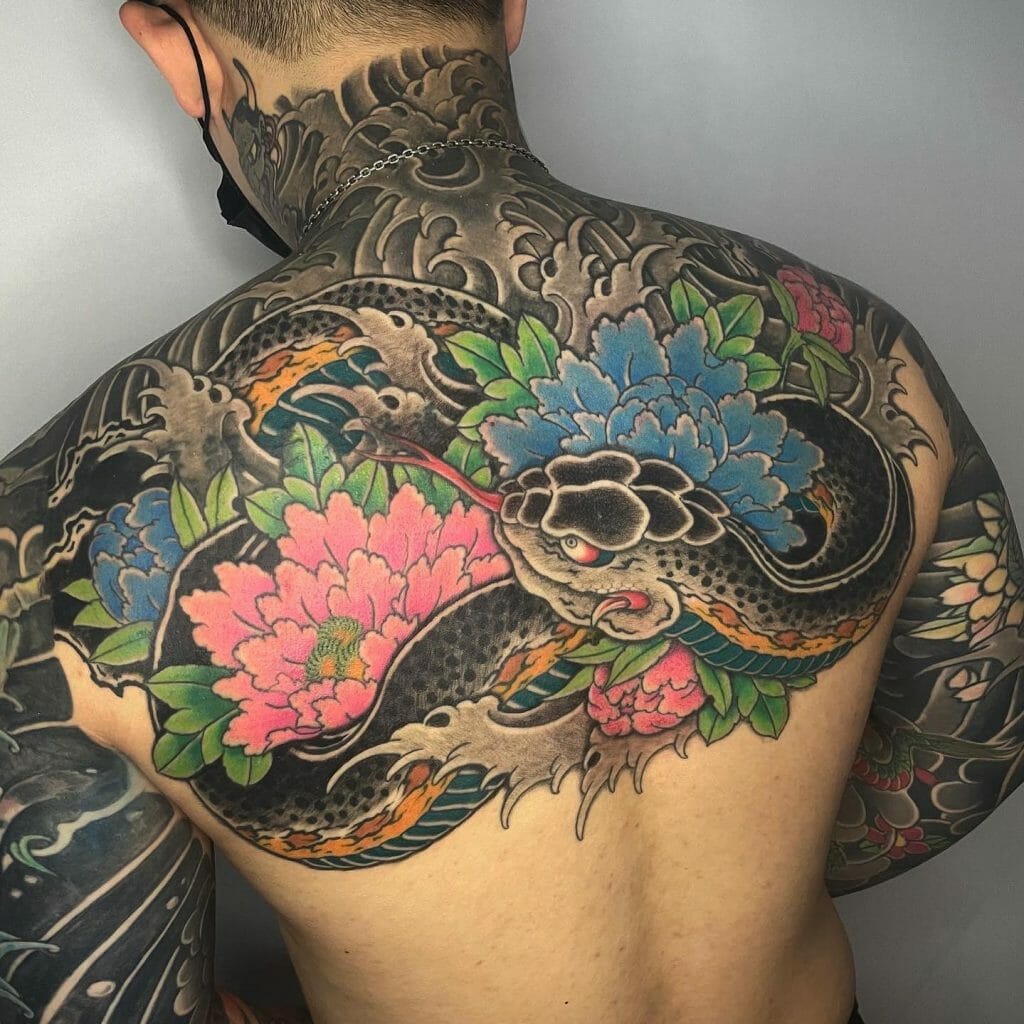Japanese Style Snake And Flower Tattoo Ideas