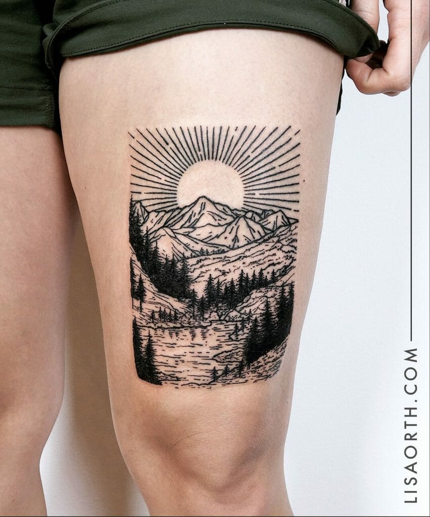 Landscape Thigh Tattoo For Men