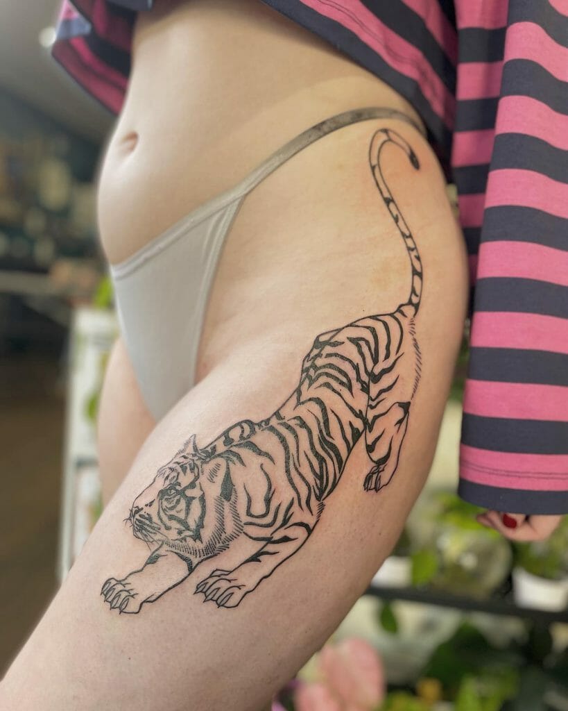 Line Tiger Thigh Tattoo