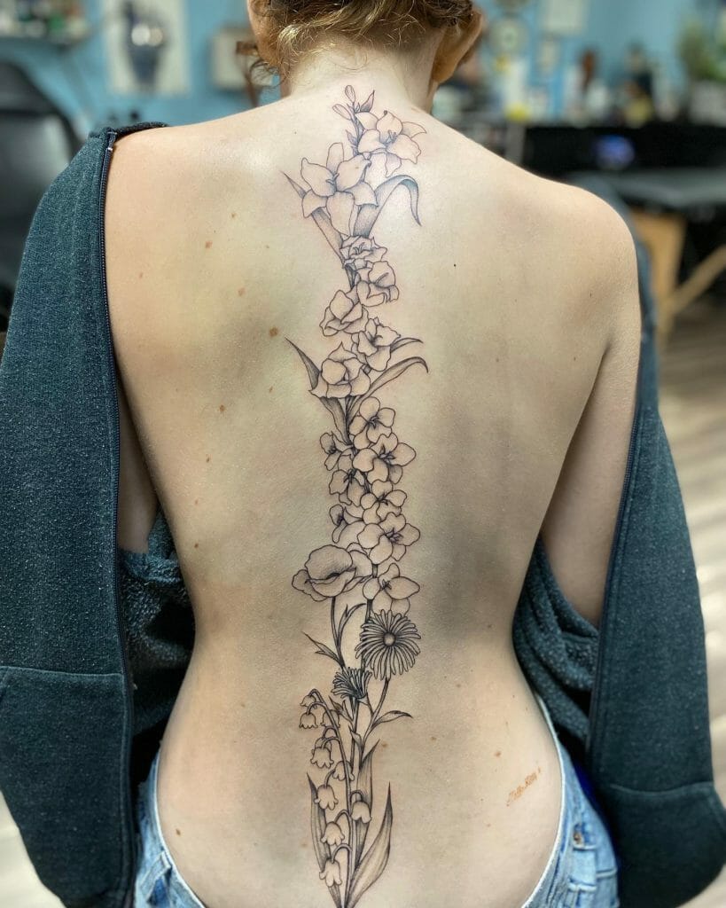 Long Floral Back Tattoos For Women