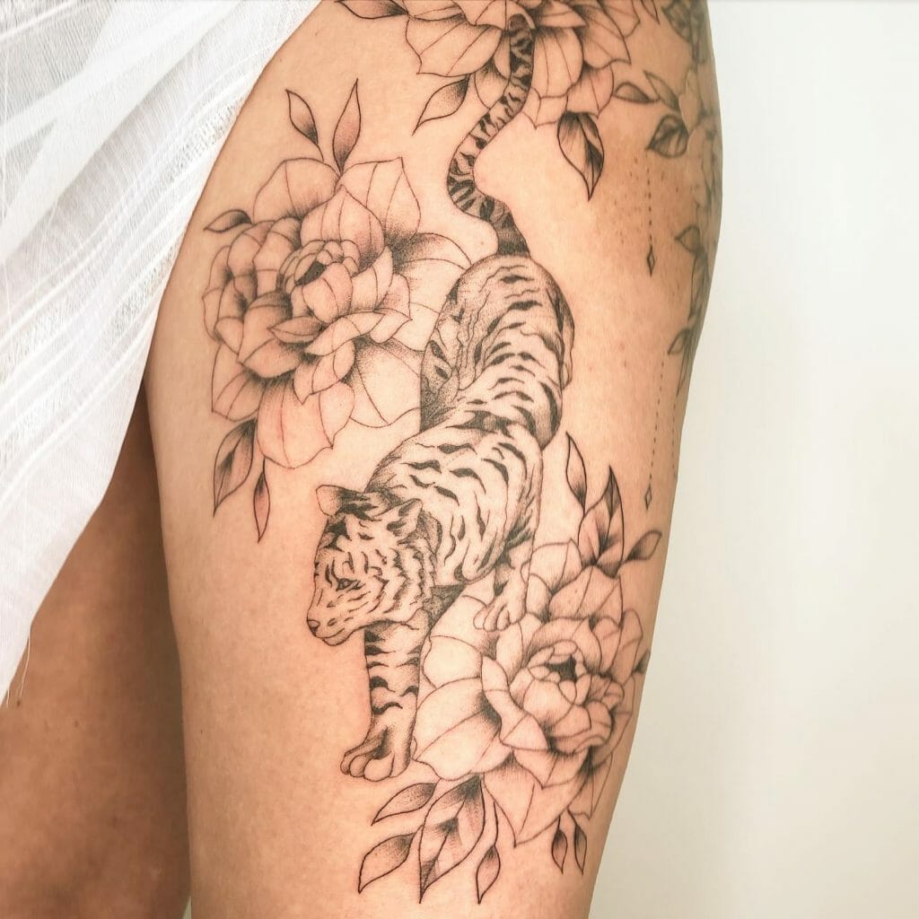 Lotus Tiger On Thigh Tattoo